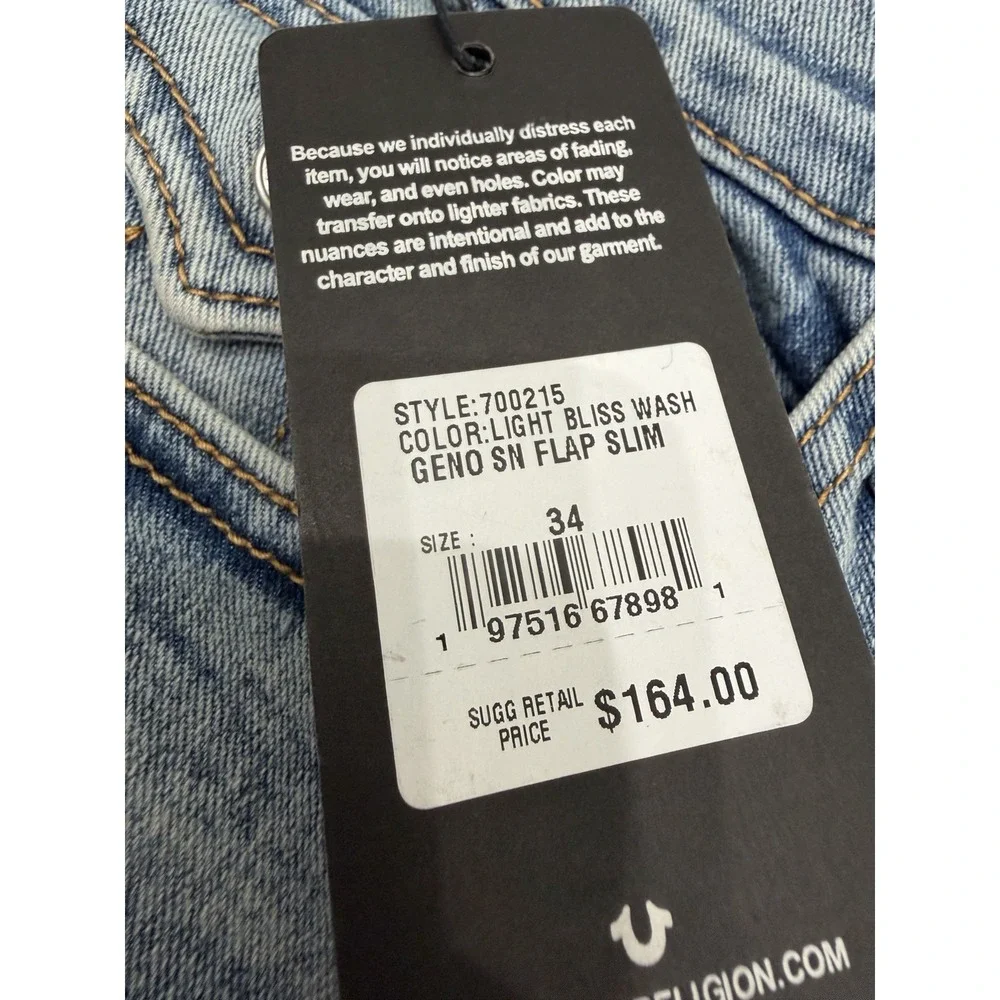 True Religion Mens Geno SN Flap Slim Light Bliss Wash Jeans Pants Size 34x32 NWT